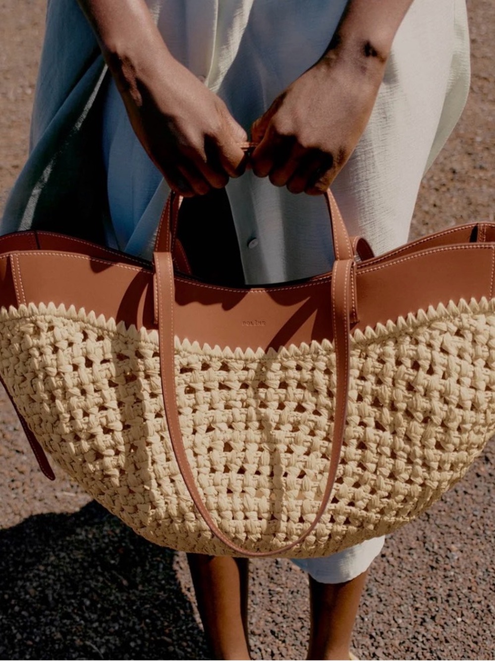 NWT Polène Cyme Cream Woven Tote with Brown Leather Trim - Picture 2 of 9